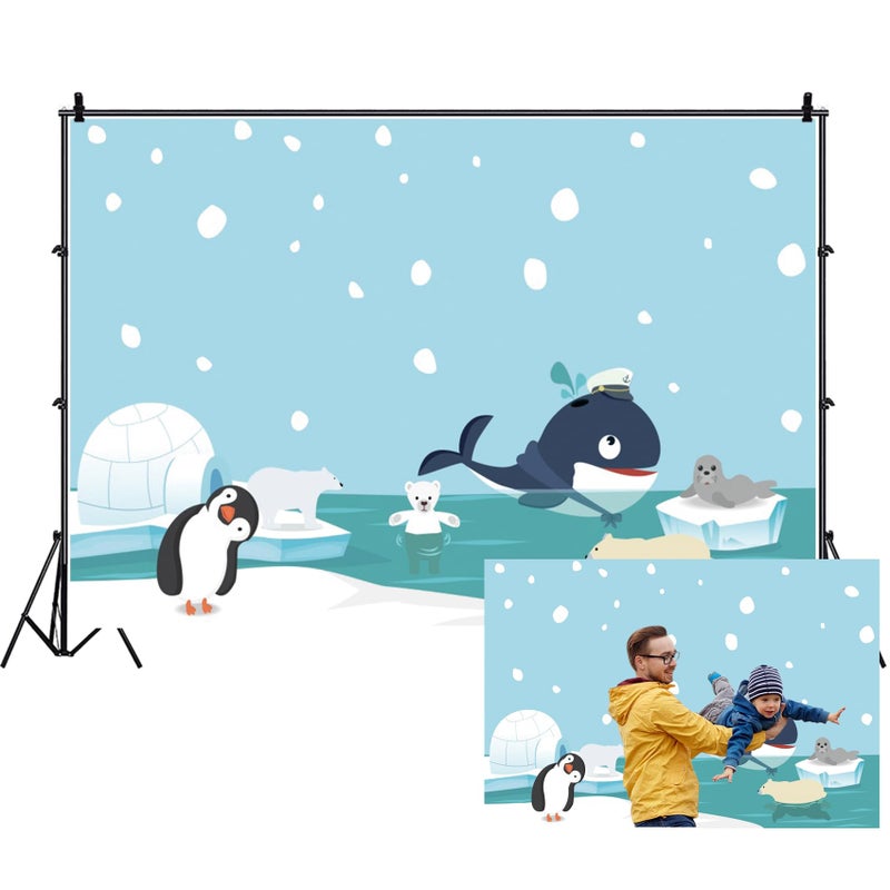 Renaiss 5x3ft Cartoon Penguin Backdrop for Photography Cute Animal Bear Ice Cave Winter Snowflake Polar Region Background for Baby Shower Children Birthday Party Decor Banner Studio Props - Image 1